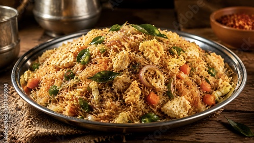 Authentic Sri Lankan String Hopper Kottu Traditional Street Food with Stir Fried Rice Noodles, Vegetables, Egg and Spices Served on Metal Plate for Restaurant and Travel Marketing
