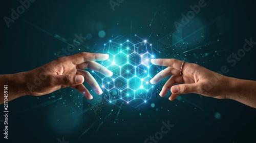 Two human hands reaching out to touch a glowing futuristic hexagonal network structure, representing advanced technology, artificial intelligence connection, digital data exchange