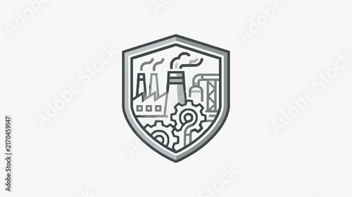 Foto Modern Industrial Shield Logo with Factory and Gear Elements