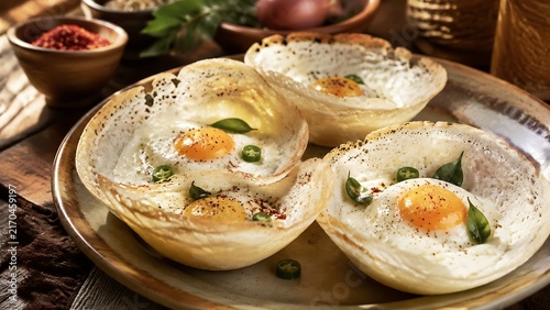 Authentic Sri Lankan Egg Hoppers Traditional Breakfast with Crispy Rice Pancakes and Fried Eggs Served on Rustic Plate in Homemade Village Kitchen Setting for Food Marketing