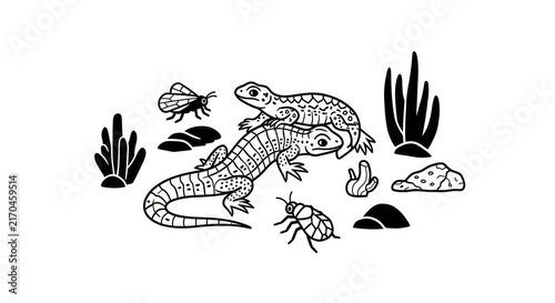 Картината върху платно Lizard and insects in desert habitat.