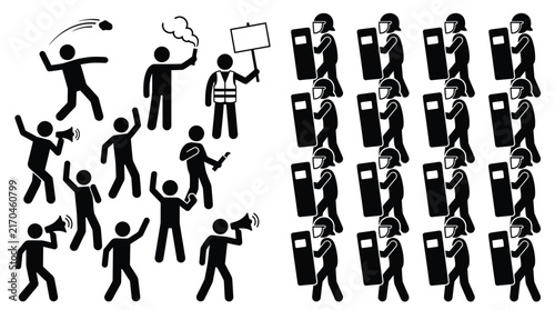 Protest group figures facing police officers in riot gear showing conflict and civil unrest vector icons