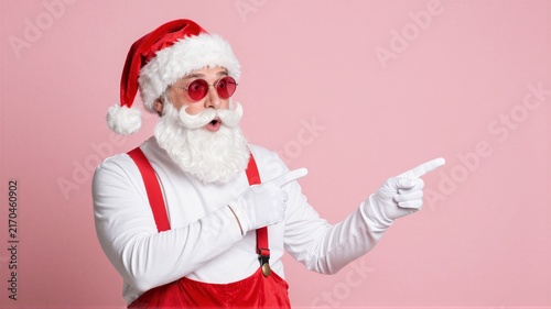 Mature man wearing festive red hat, white beard, red sunglasses, white gloves and suspenders points right against pink background with cheerful holiday energy