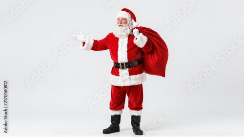 Smiling older man in festive holiday costume holding large red gift sack and welcoming gesture against clean white studio background for seasonal promotion