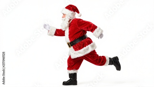 Santa in red suit running right profile on white background, midstride action