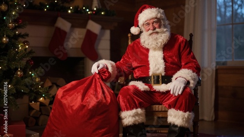 Smiling elderly man in Santa costume holding red gift sack beside decorated Christmas tree in cozy living room