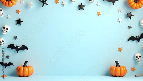 A festive flat lay composition featuring pumpkins skulls bats and colorful stars