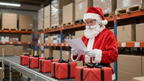 Man dressed as Santa Claus checking list in warehouse beside conveyor of wrapped gifts