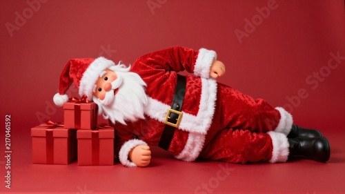 Festive holiday figure reclining beside stacked red gift boxes on seamless red backdrop, wearing plush red suit