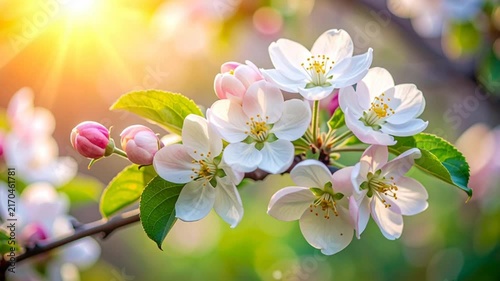 Close-up of White and Pink Apple Tree Blossoms Blooming on a Branch in Bright Spring Sunlight
