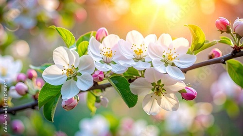 Close-up of apple blossoms with white flowers and pink buds on a tree branch, bathed in golden sunlight during spring.