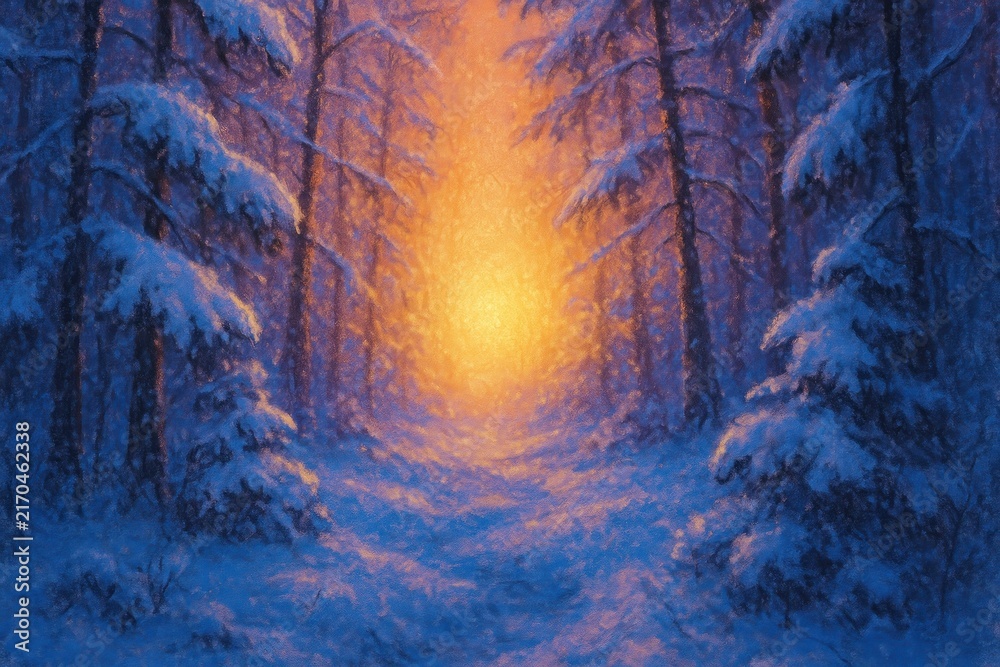 Fototapeta premium Serene snowy forest sunrise glow.