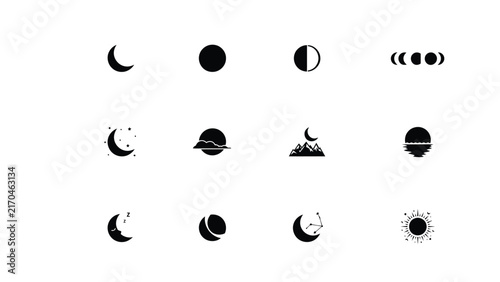 Celestial icons showing moon phases and solar eclipse in minimal