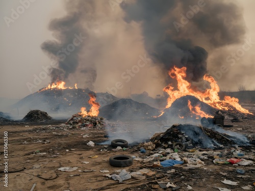 Massive piles of burning garbage and tires creating thick black smoke plumes