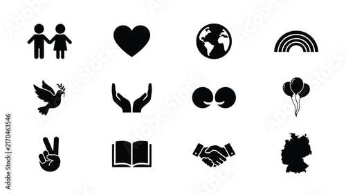 Black silhouette icons representing diverse positive concepts