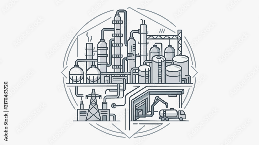Naklejka premium Modern Industrial Oil Refinery and Petrochemical Plant Schematic Diagram