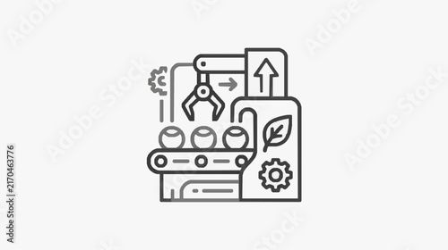 Modern Industrial Automation Line with Robotics and Green Energy Symbols