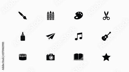 Black icons of creative and artistic tools arranged in grid pattern