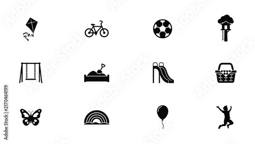 Playful outdoor activities and toys in black silhouette style