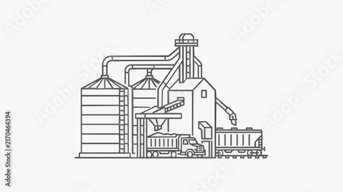 Industrial Grain Silos and Processing Plant with Truck and Train Loading