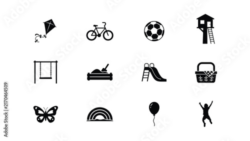Playful outdoor activities and objects illustrated in black silhouette