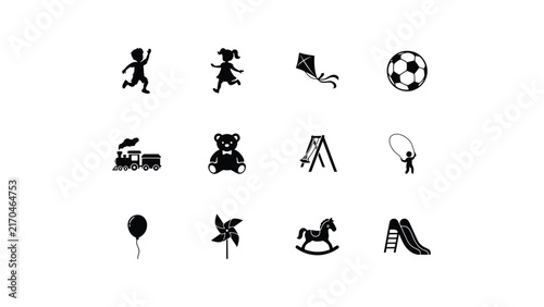 Children's playtime icons in simple black silhouette style