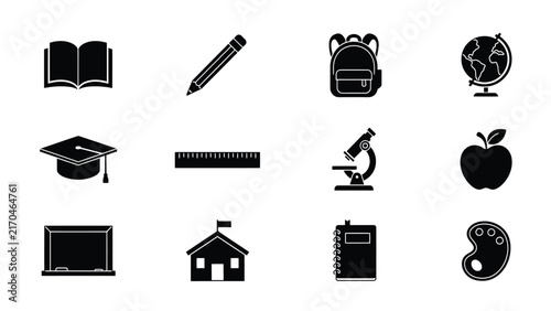 Black and white icons representing educational tools