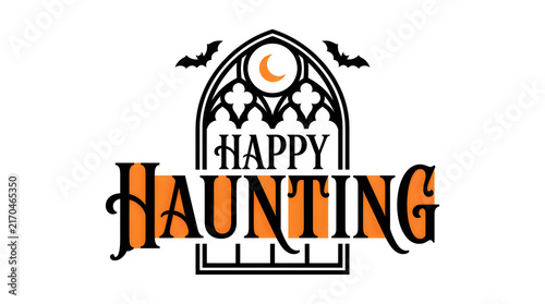 A festive happy haunting typography design featuring a gothic window frame for your spooky seasonal halloween party celebration graphics