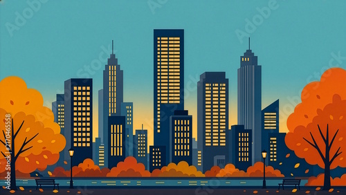 Vector illustration of an autumn city skyline at sunset with skyscrapers, a park with benches and orange trees, concept of urban life and fall season in the city.