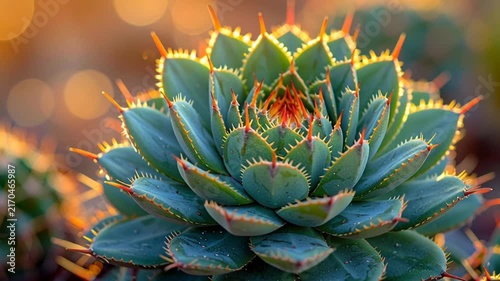 Close-up of a Vibrant Succulent Plant with Spiky Leaves Glowing in Golden Sunlight
