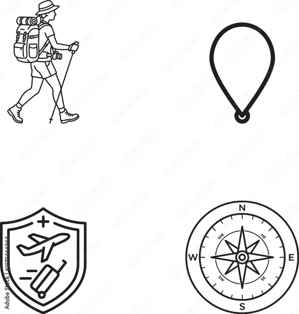 Fototapeta premium Travel and Adventure Icon Set for Hiking, Navigation, and Insurance