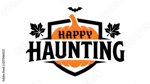 Happy haunting typography design with a pumpkin and bat for a festive and spooky halloween holiday celebration graphic element