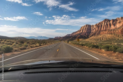 driver perspective of empty two lane road beside red rock sandstone cliffs