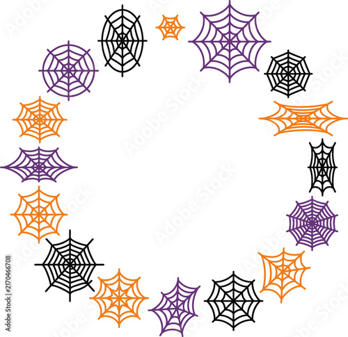 Halloween spiderwebs arranged in a circular border against a white background with purple and orange accents