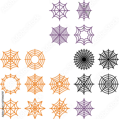 Halloween spiderwebs collection in purple black and orange isolated on white background for festive decoration