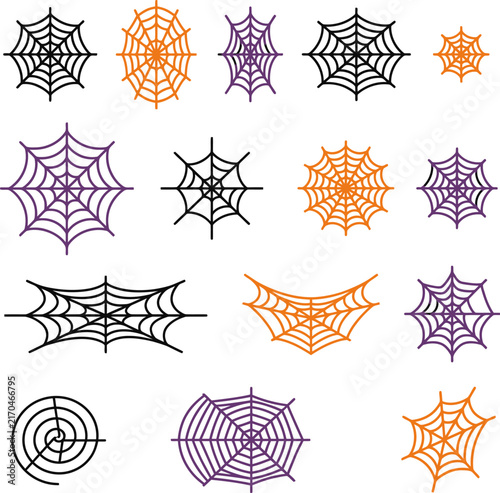 Halloween spiderwebs in black orange and purple on a white background for decoration and design