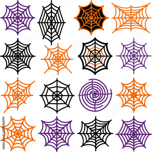 Halloween spiderwebs in orange and purple for festive decorations during autumn celebrations