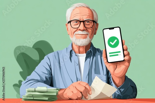 Smiling senior man holding smartphone with success checkmark and money stack