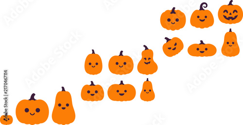 Happy pumpkins with faces in a row during autumn season with clean background for design