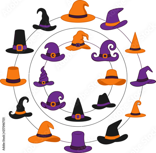 Halloween witch hats arranged in concentric circles against a white background with vibrant orange and purple