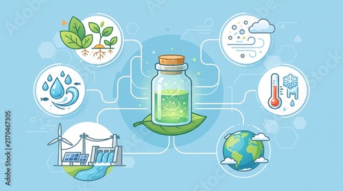 Environmental science research concept combining laboratory samples, leaves, water, climate indicators, renewable energy and Earth, clean flat vector illustration for sustainability.