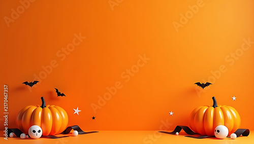 Minimalist Halloween Composition Featuring Glossy Orange Pumpkins Bats And White Ghostly Spheres