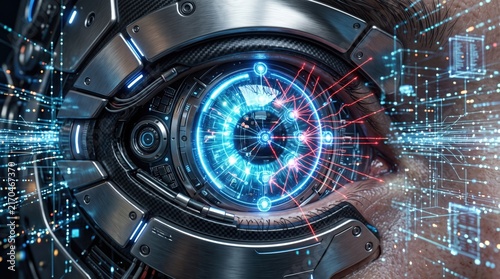 Plakat Futuristic robotic eye with digital patterns, symbolizing advanced technology and artificial intelligence.