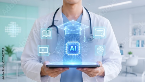 Doctor Holding Digital Tablet Projecting AI Processor Graduation Cap In Clinic