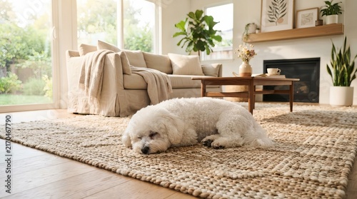 An Adorable Fluffy Bichon Frise Puppy Resting Peacefully on a Warm Sunlit Jute Carpet at Home