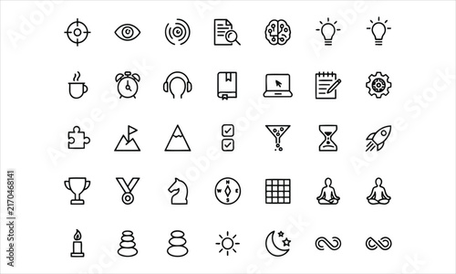 Set outline icons related to focus, concentration. Linear icon collection. Editable stroke. Vector illustration