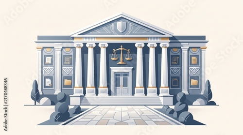 Stylized courthouse and justice concept featuring architectural columns, scales, legal documents and shield symbol in a clean professional flat vector illustration.