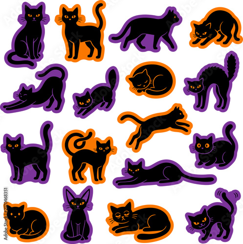 Playful black cats in various dynamic poses with purple and orange outlines on a white background