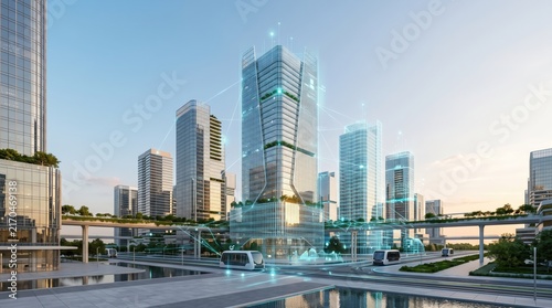 Futuristic skyline featuring modern skyscrapers with digital overlays at sunset reflecting innovation and technology.