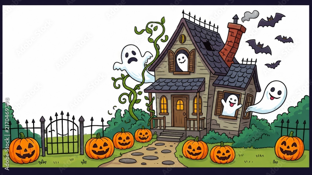 Naklejka premium Cute haunted house illustration with friendly flying ghosts, pumpkins, and a blank wooden sign, leaving ample white copy space for invitations.